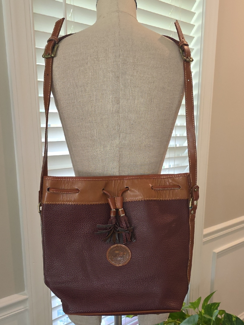 All Leather Two-Tone Brown Leather Tassel Crossbody Bag